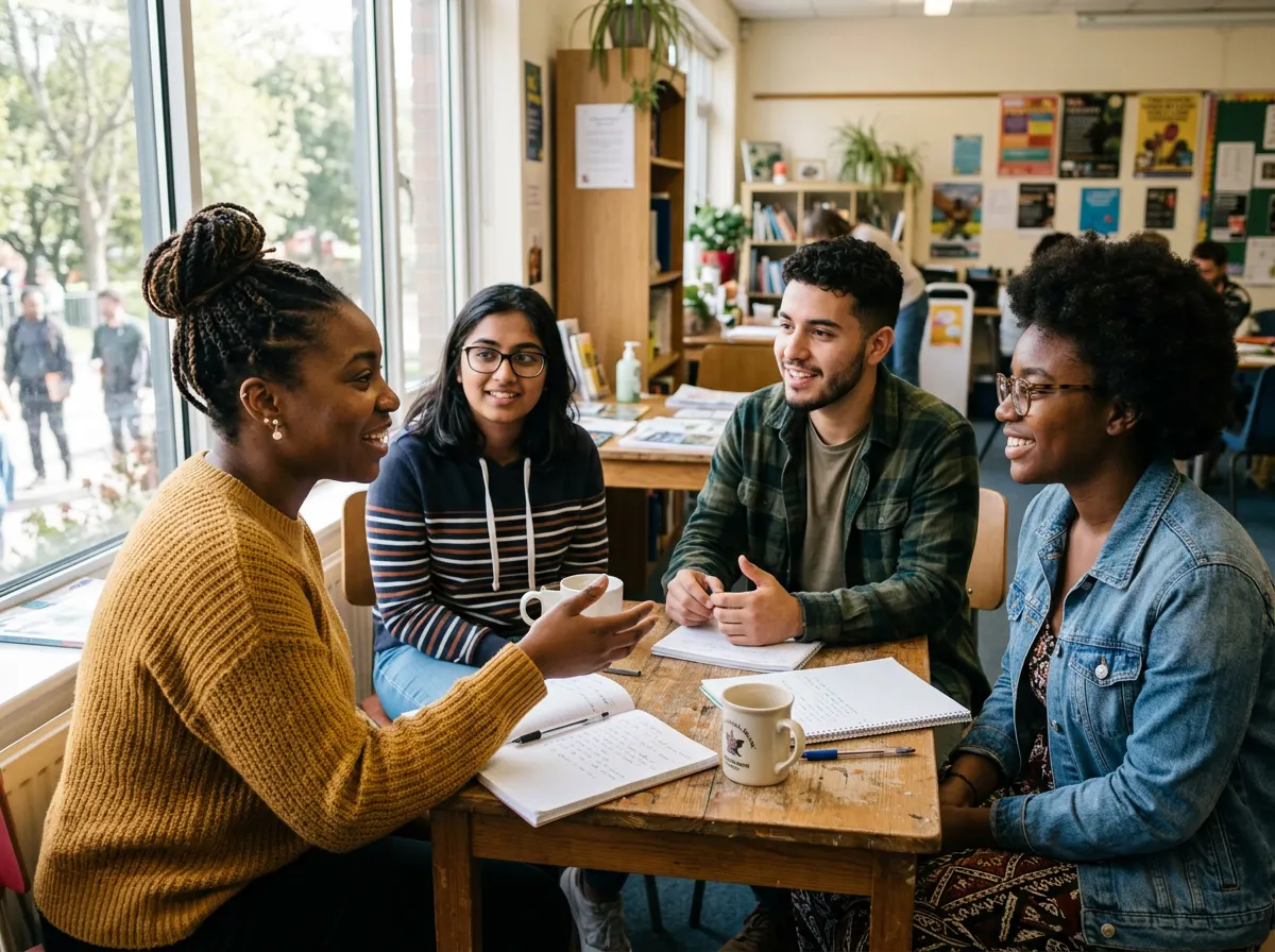 A mentor and a young adult working together at a table