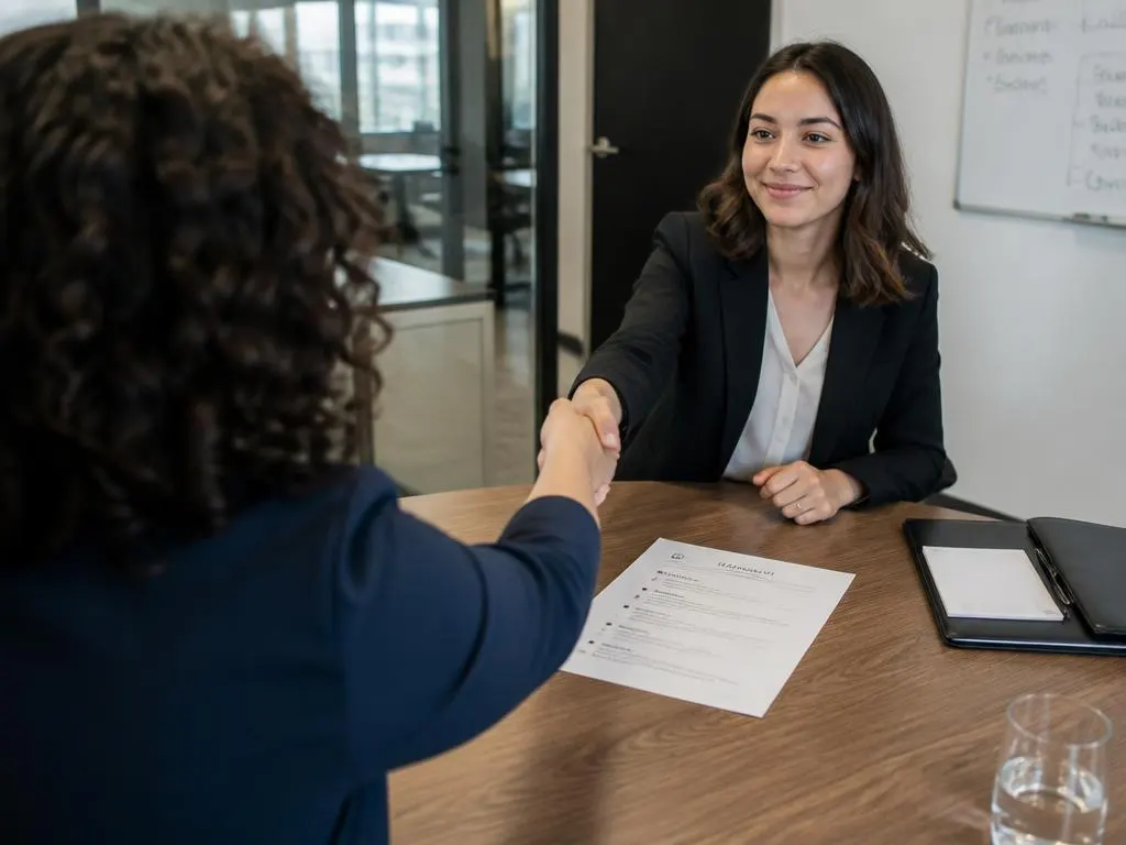 A young adult in an interview practice handshake