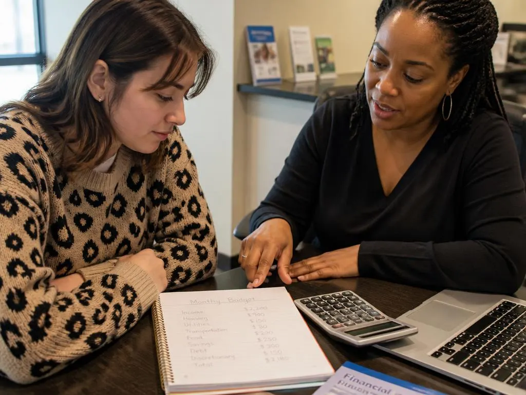 An advisor reviewing a monthly budget with a young adult