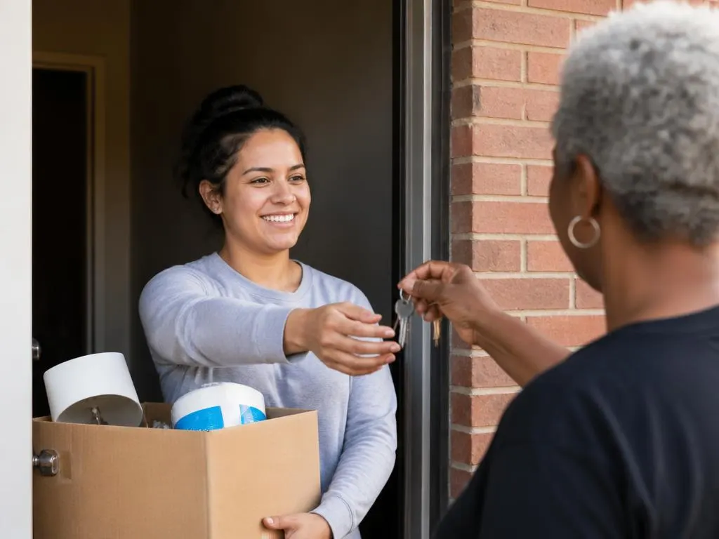 A young person receiving apartment keys and household basics