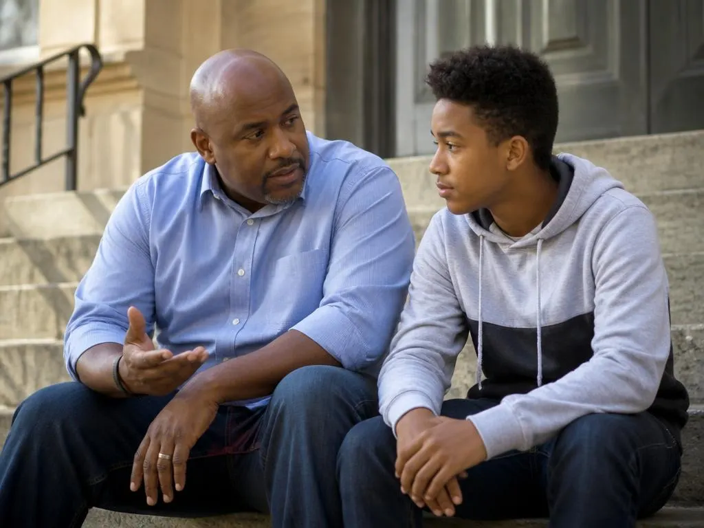 A mentor talking with a teenager on outdoor steps