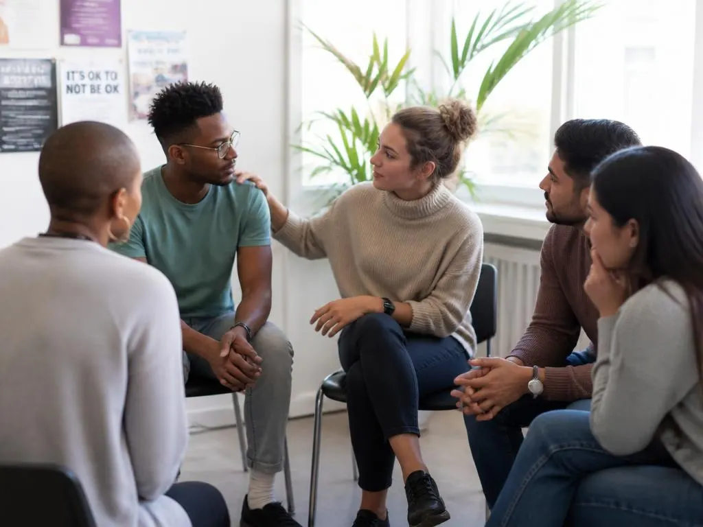A peer support group meeting in a bright community room